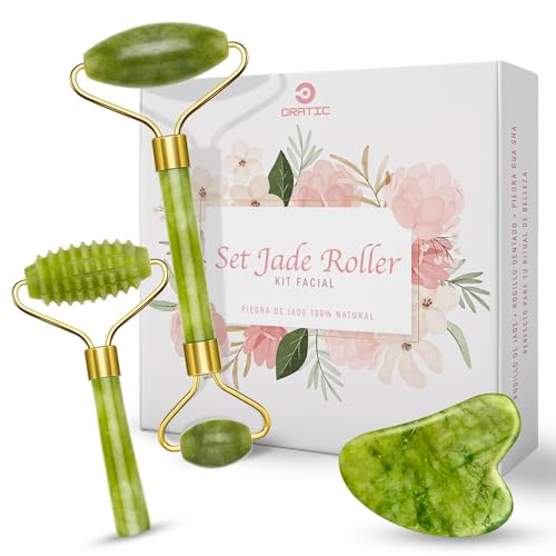 Set GuaSha Facial y Rodillo de Jade 100% auténtico | Masajeador Facial con Rodillo Liso, Rodillo Dentado y Piedra Guasha | Kit Reafirmante y Drenaje antiarrugas para tonificar la piel