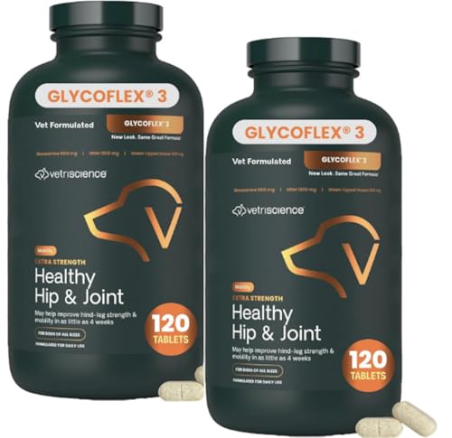 VetriScience Glycoflex 3 Clinically Proven Hip and Joint Supplement for Dogs - Maximum Strength Dog Supplement with Glucosamine, MSM, Green Lipped Mussel & DMG - 2 Pack (120 Chewable Tablets Each)​