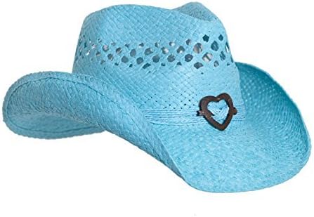 Turquoise Cute Toyo Straw Boho Cowboy Hat W/Shapeable Brim and Heart Design
