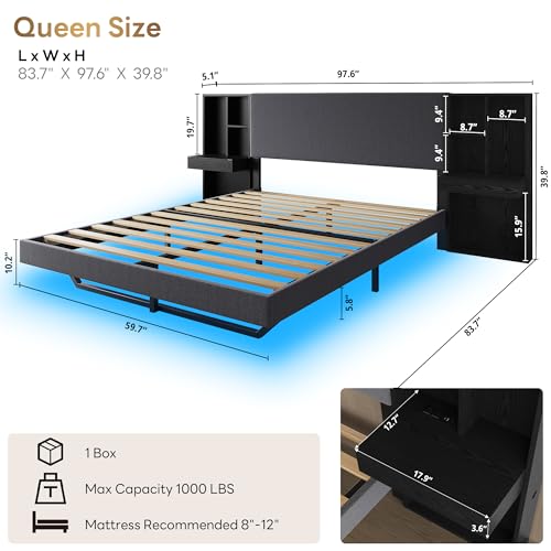 Image of LIKIMIO Modern Queen Bed Frame with Built-in Bookcase Headboard, Floating Upholstered Platform Bed with Storage Shelves and LED Lighting, No Box Spring Needed, Dark Gray /Black
