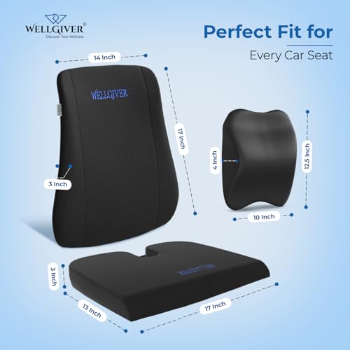 Image of WELLGIVER 3-in-1 Memory Foam Car Comfort Combo - Neck Pillow, Lumbar Back Support & Seat Cushion | Ergonomic Car Seat Cushion Set for Neck, Back & Tailbone Support