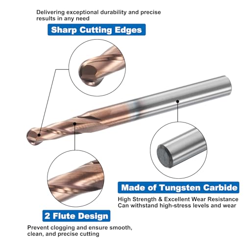 Image of HARFINGTON Ball Nose End Mill 2 Flute 13 /64 inch Diameter 1 /4 inch Shank Tungsten Carbide TICN Coated Spiral CNC Router Bits 5 /8 inch Cutting Length Single End Ball for Carving Engraving Grinding