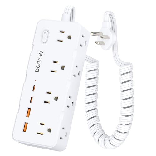 DEPOW Retractable Power Strip with Surge Protection - Spring Extension Cord(1FT to 4FT), 8 AC...