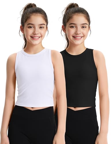 Image of JOCMIC 2 Pack Girls Tank Tops Kids Athletic Tanks Ribbed Knit Cropped Tops