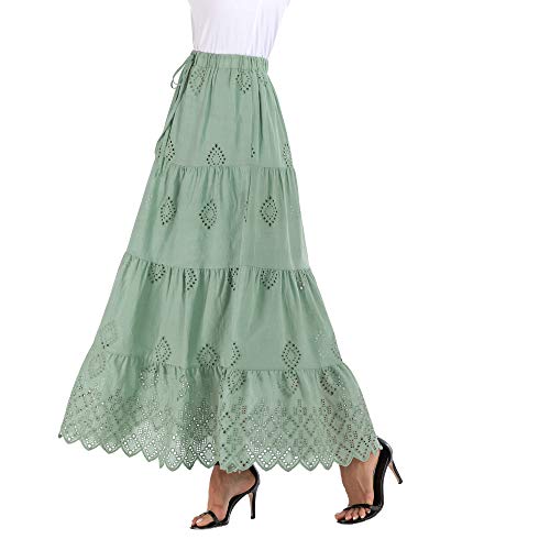 Love Welove Fashion Women's Summer Solid Cotton Embroidered Tiered Flare A-line Ankle Length with Lining Maxi Skirt (M, Solid Green)