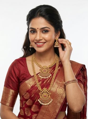 Image of South Indian Traditional Antique Matte Gold Finish Goddess Lakshmi & Peacock Motif Long Necklace Set with Jhumka Earrings for Women | Ethnic Temple Jewellery for Weddings, Brides & Festivals (Ghummar)