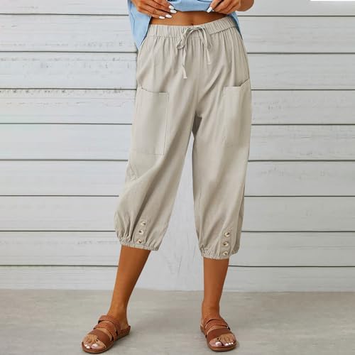 Capris Pants for Women Cotton Linen Casual Summer Pants Plus Size Drawstring Elastic Slacks Pocket Beach Clothes2