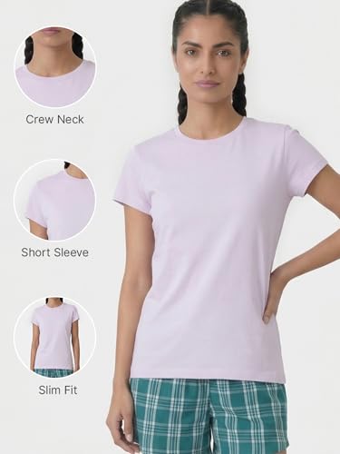 Image of Enamor Short Sleeve Crew Neck Regular Length Basic Crew T-Shirt for Women - Slim Fit, Soft and Breathable Stretch Cotton - E047