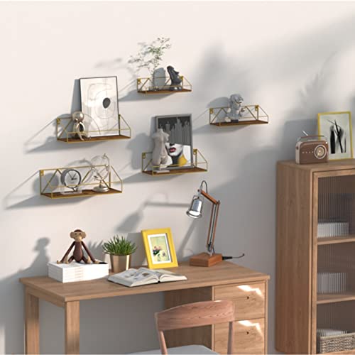 Petaflop Wood Floating Shelves For Wall Decor Set Of 5, Gold Mounted Storage Shelf For Bathroom, Living Room, Kitchen & Bedroom #TOP3
