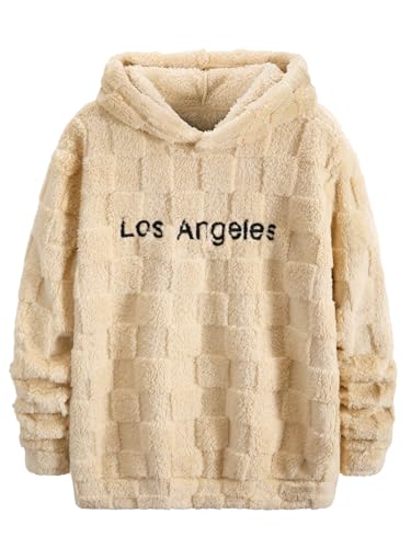 Men's Hoodie Cozy Puff Fleece Pullover Hooded Winter Long Sleeve Letter Embroidered Sweatshirt