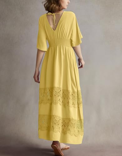Image of Olaesa Boho Maxi Dress V Neck Short Sleeve Lace Smocked Waist Flowy Dress | Wedding Guest Dress with Pockets, Summer Bohemian Vacation Dress, Elegant Party Dress for Family photo& Baby Shower