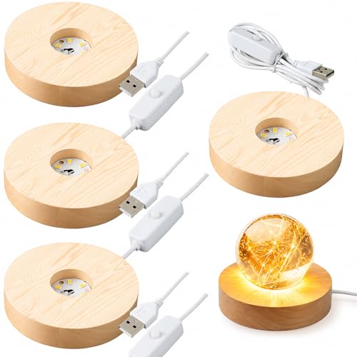Sileasncei 4 Pack Wooden LED Light Display Base 3.9 Inch Warm Light