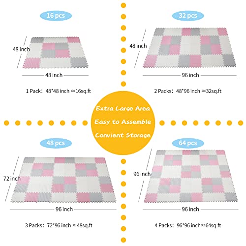Tamiplay 16 Tiles Foam Play Mat, 0.4 Inch Thick Foam Interlocking Floor Mats, Soft Eva Baby Play Mat, Solid Colored Puzzle Play Mat Kids Floor Mats For Toddler With Storage Bag(White/Light Gray/Pink) #TOP4