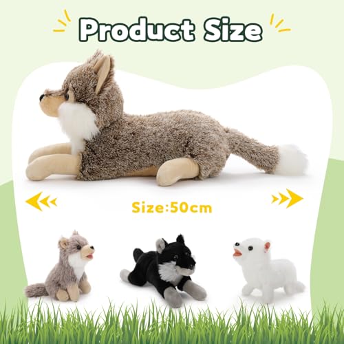 MorisMos liegend Wolf Kuscheltier XXL, 50cm riesen groß Plüschtier Wolf mit 3 Baby, PlüschWolf Stofftier Weich Spielzeug, Geburtstag Geschenk für Kinder
