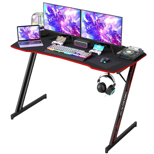 Image of BestOffice Gaming Desk Z Shaped 47 inch PC Computer Desk Computer Workstation Ergonomic Gaming Table with Headphone Hook for Game Players, Black&Red