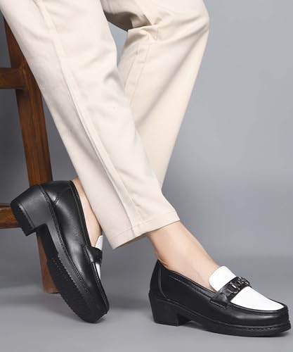Image of JM LOOKS Elegant Two-Tone Slip-On Loafers with Block Heel and Sophisticated Metallic Bit Ornament for Formal Wear