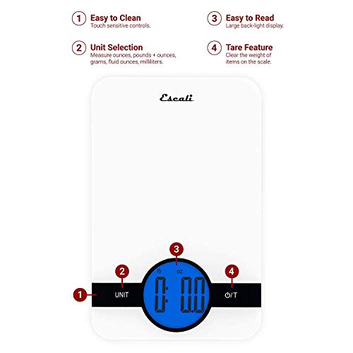 Escali Ciro C115W Blue Backlit Digital Display Table Top Scale, Tare Functionality, Liquid And Dry Measurements, Office, Kitchen, 11Lb Capacity, White #TOP1