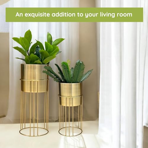 Image of Decorative Gold Metal Planters with Stand for Living Room | 24 inch & 19 inch (Height) x 10 inch & 9 inch (Diameter) | Modern Indoor Planters and Flower Pots Set of 2 (Gold)