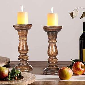 Hand Crafted Decorative Wooden Pillar Candle Holder Stand, Rounded Turned Colums, Country Style Ideal for Gift, Wedding, Christmas Decoration, Party, New Year, Home, Spa - 8 Inch Set of 2 - Burnt Hand Crafted Decorative Wooden Pillar Candle Holder Stand Rounded Turned Colums Country Style Ideal for Gift Wedding Christmas Decoration Party New Year Home Spa 8 Inch Set of 2 Burnt