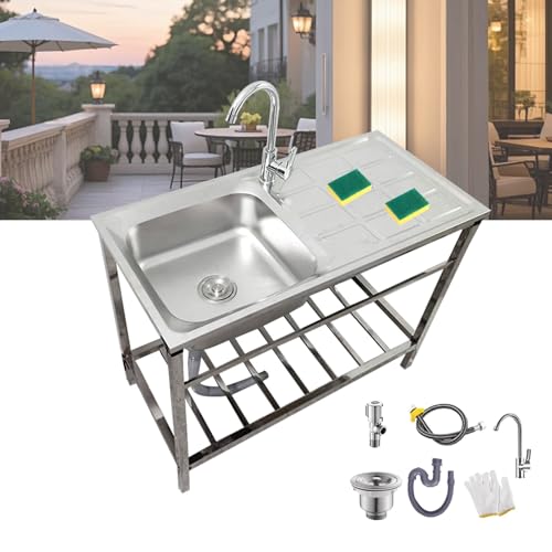 Bliajkswyr Portátil Fregadero Independiente para Exteriores Fregadero De Acero Inoxidable con Grifo 75x40x75cm Lavabo Móvil 1 Lavabo para Cocina Jardín Exterior Fregadero con Patas Acero
