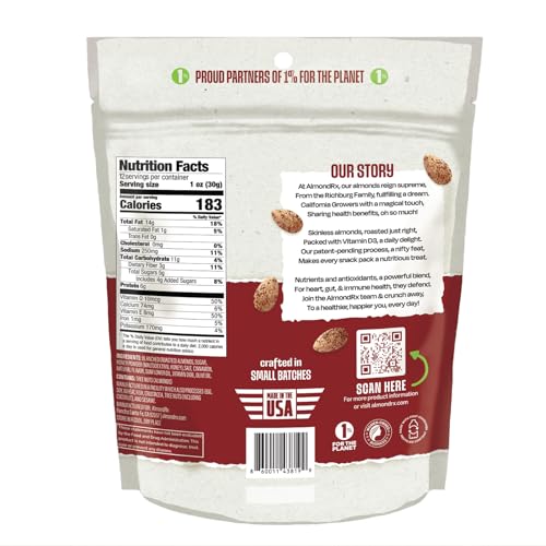 Image of AlmondRx | Heart Healthy Skinless Lightly Salted California Almond Snack Packs | Fortified with Vitamin D | Plant Protein | Keto | Vegan | No Sugar Added (12 Ounce (Pack of 1), Honey Cinnamon)