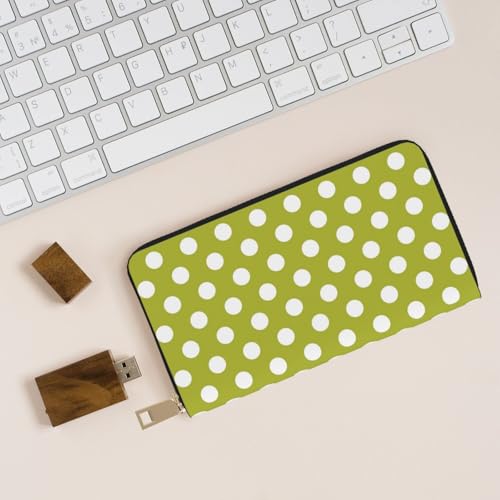 Olive Polka Dot Print Wallet Women Men, Long PU Leather Wallets for Women, Cute Womens Travel Wallet Purse Pouch with Zipper Pocket 5