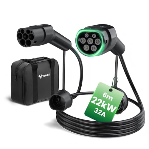 GONEO Cable de Carga Tipo 2 22kW 32A 6M, 3 Fase IP54 Impermeable TPU, Compatible con Renault ZOE/Tesla/VW, Cable EV con Bolsa de Almacenamiento