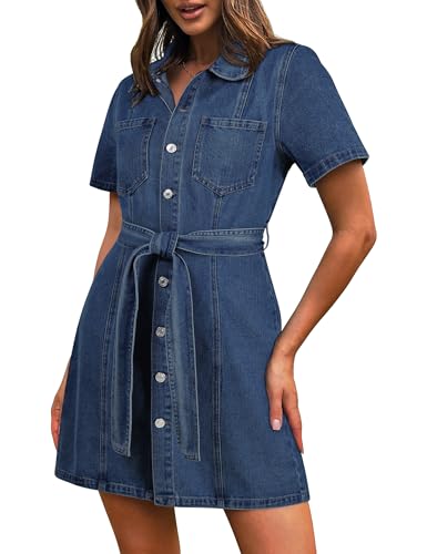 Denim Dress for Women,Short Sleeve Jean Dress Button Down Shirt Denim Dresses with Pocket 2025 Outfits3