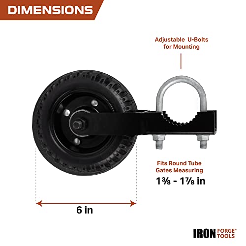 Image of Iron Forge Tools Fence Gate Wheel - 6 Inch Under Mount Rolling Wheels for Wooden or Metal Tube Gates - Heavy Duty Sliding - Adjustable Steel U-Bolts for Easy Mounting