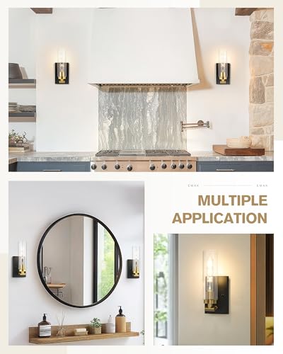 Image of Emak Black and Gold Wall Sconces Set of Two, Modern Wall Sconce with Clear Glass Shade, Farmhouse 2 Light Bathroom Vanity Light for Living Room, Bedroom, Gallery, WS086-BKBGD-CG-2PK