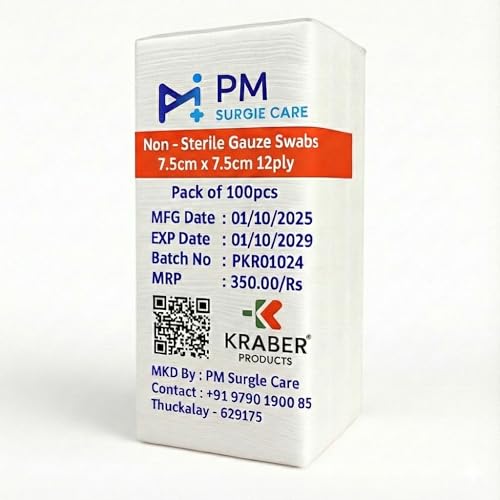 Image of PM Non Sterile Gauze Swabs 7.5 x 7.5 cm 12 Ply Type 17 - 6 x 100 Pieces (Total 600 Gauze Pads) | Medical Grade Absorbent Cotton Dressing for Hospital, Clinic & First Aid