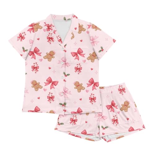 Image of Renewold Button Down Womens Pajama Set Short Sleeve Loungewear Bow Nightwear Sleepwear Night Suit Tops Shorts 2 Pieces