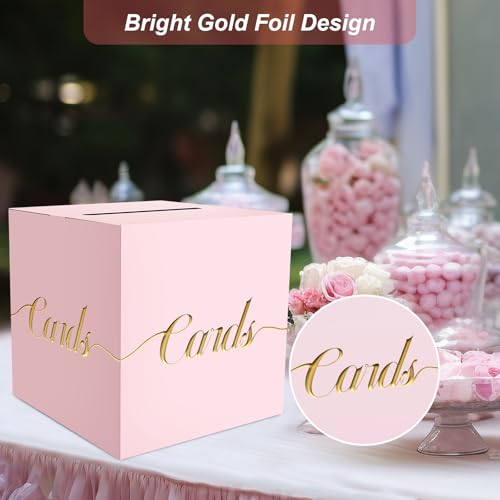 Image of Light Pink Card Box for Party, Box for Cards with Gold Foil Embossed Design 9 x 9 x 9 Inch Card Box for Wedding Reception Birthday Bridal Baby Shower Raffle