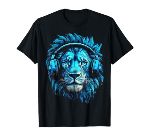Lion Art Music Animal Casque Audio Motif Lion Bleu T-Shirt