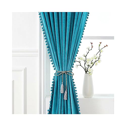 Image of Amazon Brand - Umi Velvet Eyelet Door Curtains with pom pom Lace for Living Room Bedroom Kitchen 1 pc Pack in Teal Color (Windows - 4 feet x 5 feet)