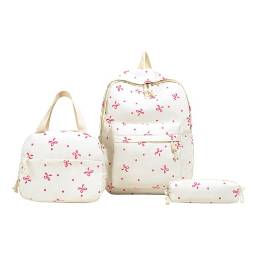 3-in-1 Kawaii Bow Backpack Set for Girls, Cute Aesthetic Bookbag with Lunch Box & Case, Nylon Rucksack