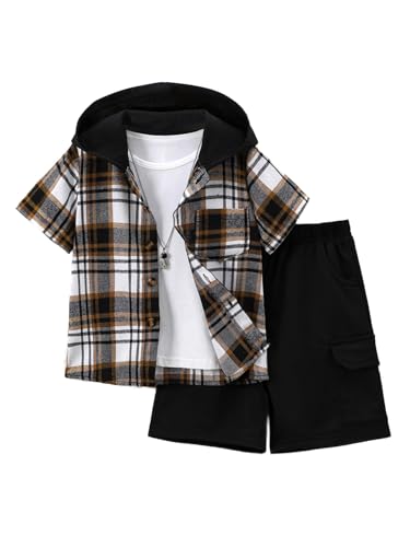 Image of Boys 2 Pieces Clothing Shorts Set Short Sleeve Plaid Button Down Shirt and Cargo Shorts Set 4-12Y