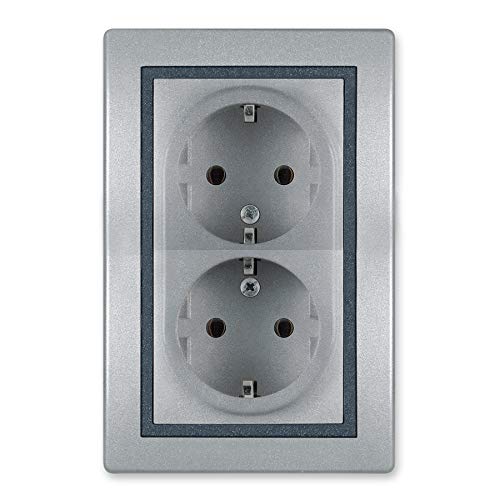 ALING-CONEL Doppel-Schutzkontaktsteckdose 16A/250V~ (zum Einbau in eine Installationsdose 60mm Ø) inkl.Rahmen (komplett) Silber/Graphit/Silber Cover