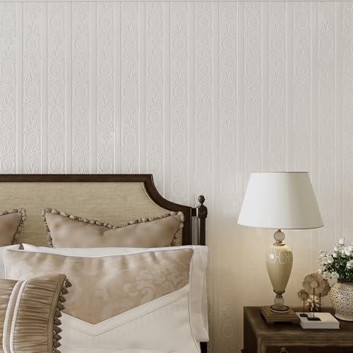 JiffDiff Wallpaper Peel and Stick Textured,3D Embossed Wall Paper Stick on Wallpaper Modern Waterproof Self Adhesive Contact Paper(17.3" x 120",White)
