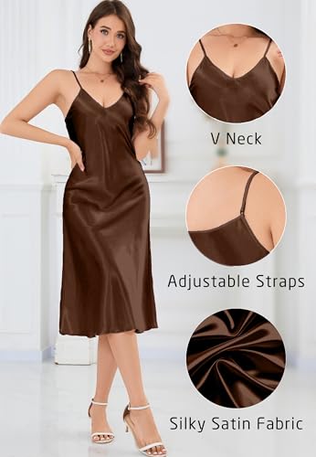 Image of ALCEA ROSEA Women's Midi Satin Slip Dress Adjustable Spaghetti Strap Nightgown Silky Under Dresses