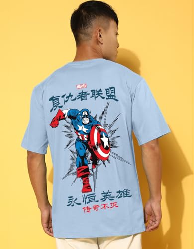 Image of Veirdo Pure Cotton Oversized Loose Fit Official Marvel Merchandise Cool & Marvelous Graphic Printed Drop Shoulder T-Shirt for Men (Characters: Black Panther, Mystrio & Captain America)