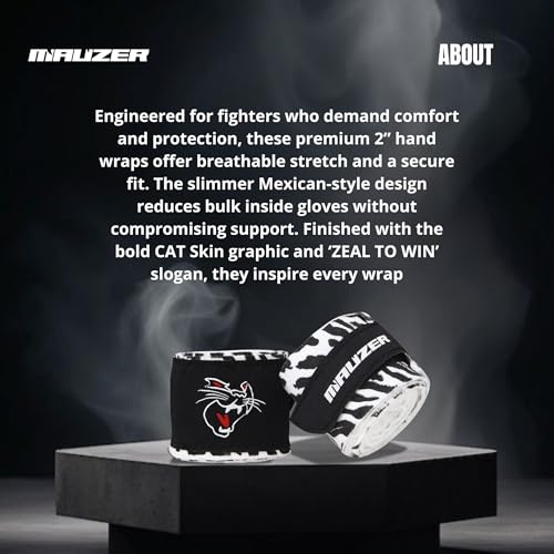 Image of Mexican-Style Boxing Hand Wraps - Breathable Stretch Cotton /Poly, 2 inch Wide with Hook & Loop, CAT Skin Graphic & Zeal to Win Slogan 2.5 Meter