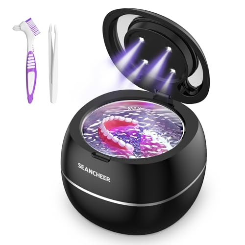 SEANCHEER Limpiador Ultrasonidos 48000Hz Ultrasonidos Limpieza | 24W | 180ML | Lampara UV | Ultrasonic Cleaner Portatil para | Dentaduras | Ferula Dental | Retainer | Aligner | Joyas | (Negro)