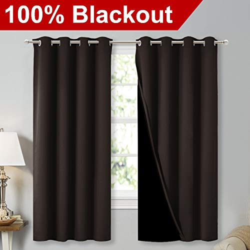 Image of NICETOWN Complete 100% Blackout Curtains, Thermal Insulated & Energy Efficiency Window Draperies with Black Liner, Noise Reducing Short Curtains for Kids Room (Brown, 52-inch W by 63-inch L, 2 Panels)