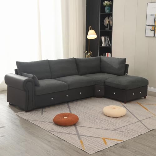 Panana Sectional Sofa, L Shaped, Dark Grey, with USB Port