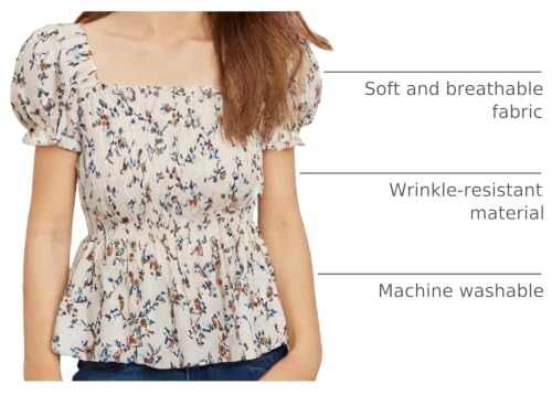 Image of Seechoslo 2025 Tween Girls' Cute Short Sleeve Square Neck Smocked Elastic Short Sleeve Woven Shirt Top