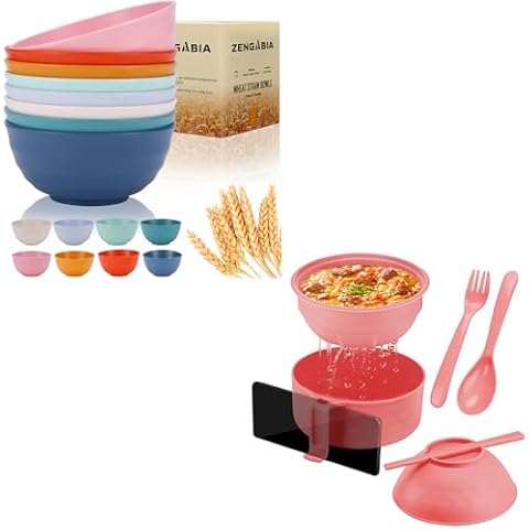 ZENGABIA Microwave Safe Bowls 60 Oz, Large Soup Bowls Set of 8, Unbreakable Deep Plastic Cereal Bowls Reusable Dishwasher Safe, Ramen Noodle Bowls Microwavable, 33oz Wheat Fiber Instant Noodle Bowl Cover