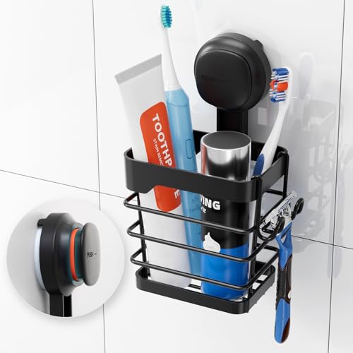 Image of TAILI Suction Cup Toothbrush Holders with Visible Safety Indicator, Black | Wall Mounted, Visible Safety Indicator, Inverted Trapezoid Design Bathroom Organizer Removable for Tooth brush and Toothpaste