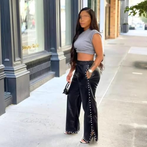 Women's Wide Leg Faux Leather Pants Rivets Pearls Elastic Waist Trousers with Pockets4