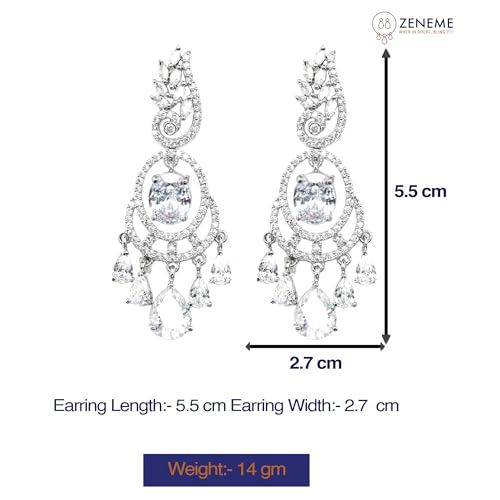 Image of ZENEME Rhodium-Plated American Diamond Studded Oval & Leaf Shaped Drop Earrings For Girls and Women